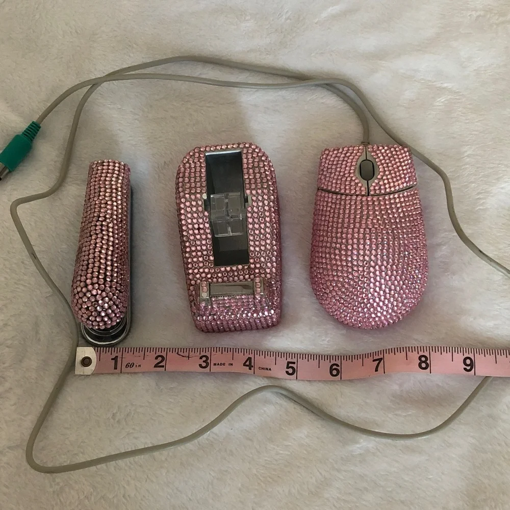 Pink Rhinestone Computer Mouse, tape & stapler 3pc set! Vintage!